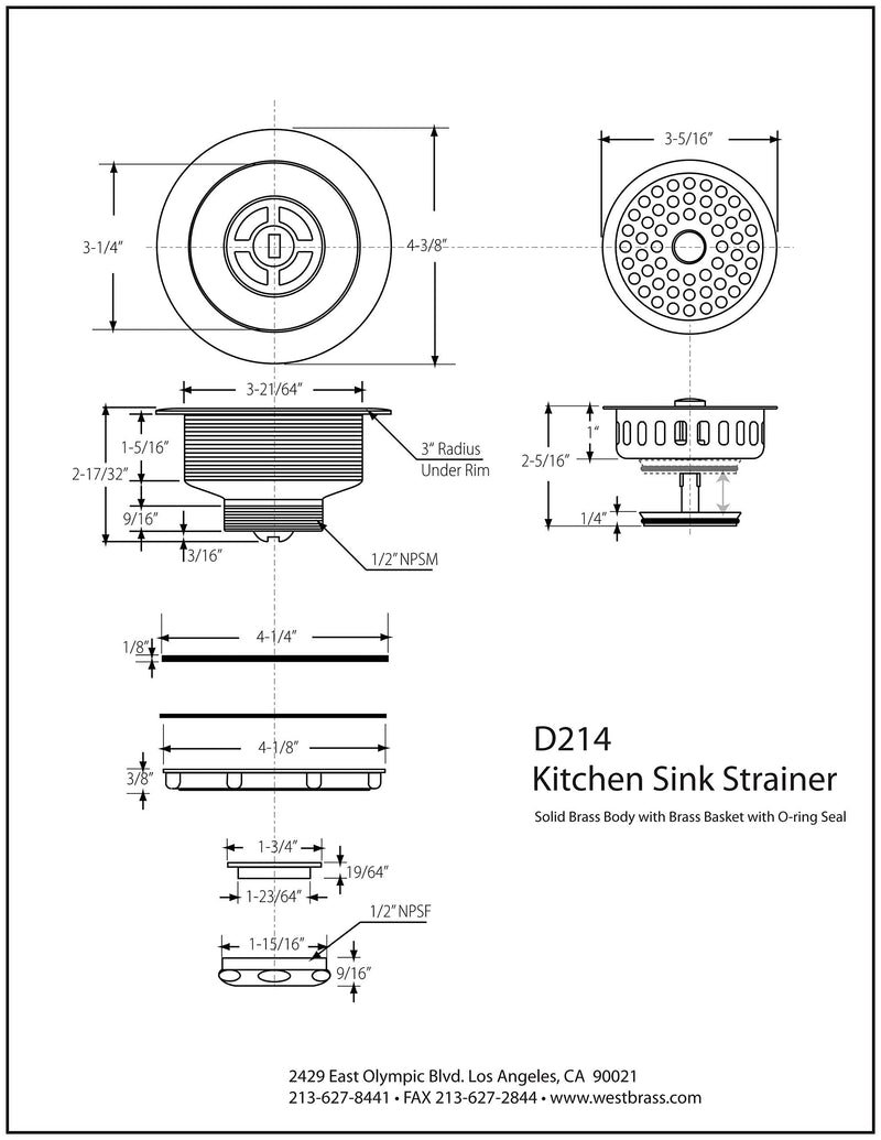 Westbrass D214-51 3-1/2" Post Style Large Kitchen Sink Basket Strainer, Powder Coat Almond 1 Pack