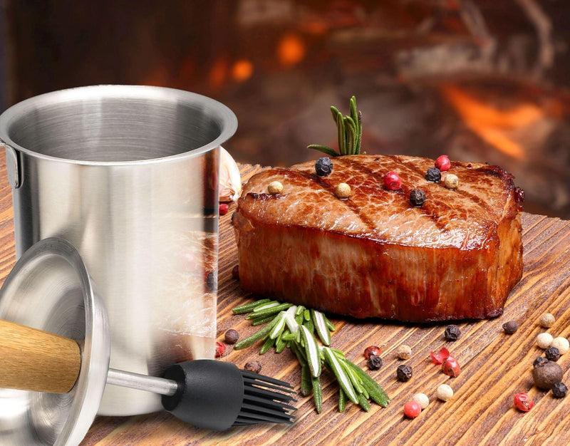 Marinade Sauce Pot w Silicone Basting Brush Set, Stainless Steel Barbecue Marinater Tenderizer with Lid for Outdoor BBQ Grilling Cooking Tools – Barbeque Accessories - Gift boxed