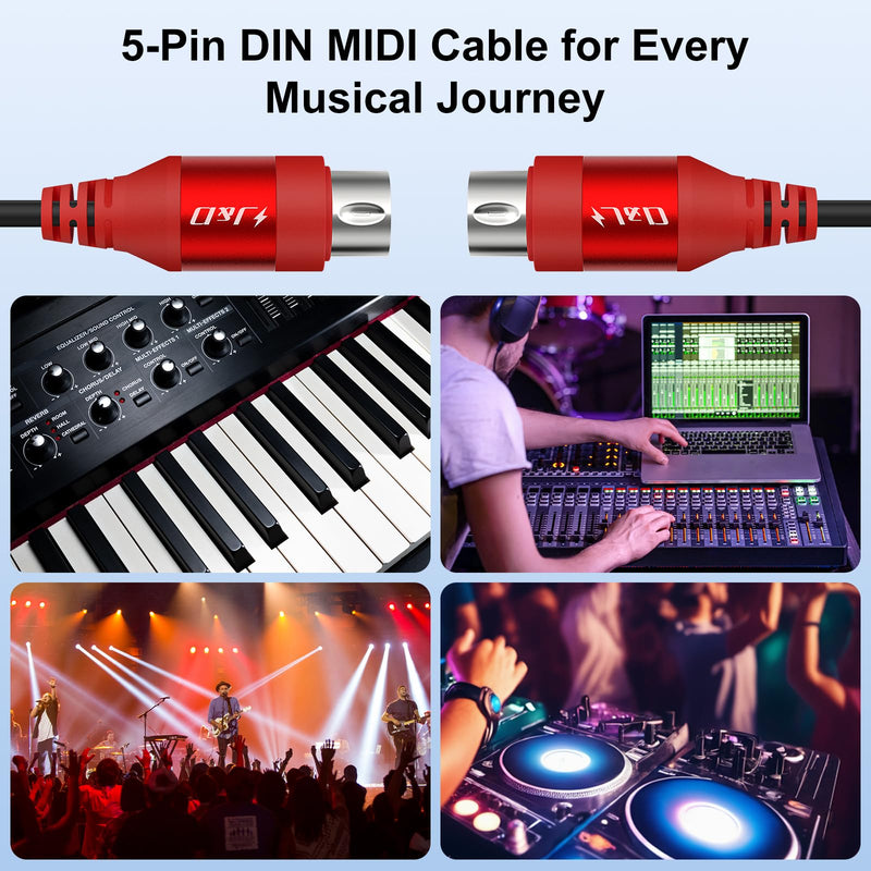 J&D 5-Pin DIN MIDI Cable, Male to Male Cables Compatible with Keyboard, Synthesizer, Guitar Multi Effects, Audio Interface/Mixer/Amplifier, External Sound Card (Red, 15 Feet) Red