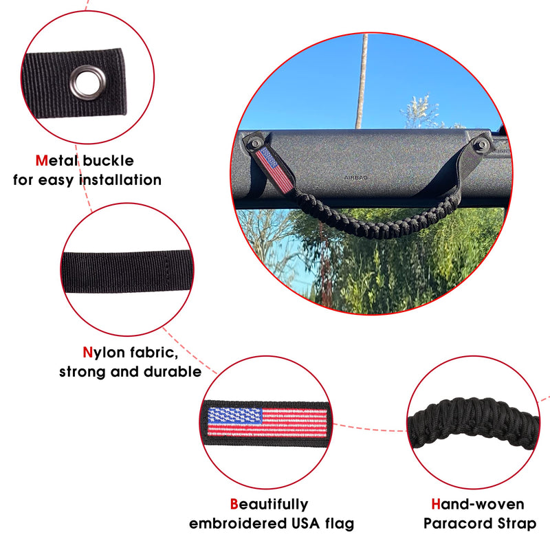 BESTAOO Roll Bar Grab Handles Paracord Grip Handle for Ford Bronco Accessories 2021+, with USA Flag Design, 2 Pack (Black) Black