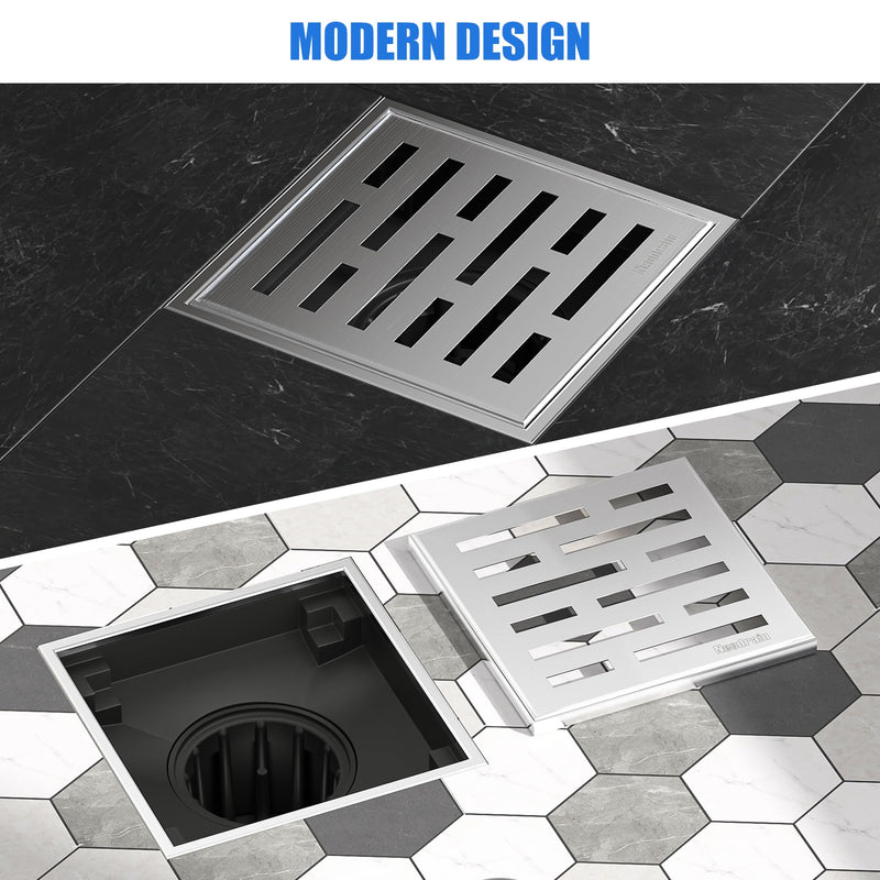 Neodrain Square Shower Drain, 4 inch Stainless Steel 304 Grate and PVC Drain Body, Brick Pattern Grate with Brushed Nickel Finish, Kit Includes Hair Trap/Strainer,Lifting Hook and PVC Drain Base Brushed-ps01 4 In