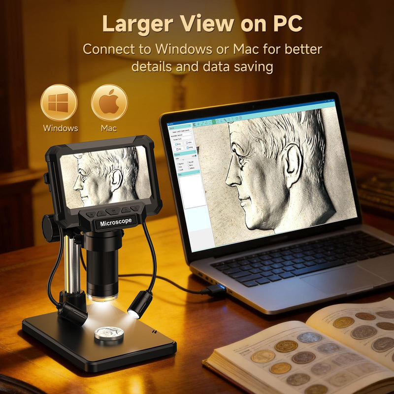 4.3" LCD Digital Coin Microscope with 2 Side Lights | For coin dates, mint marks and error coin checks. 4.3" screen works without a computer; side lights help reduce shadows 4.3inch