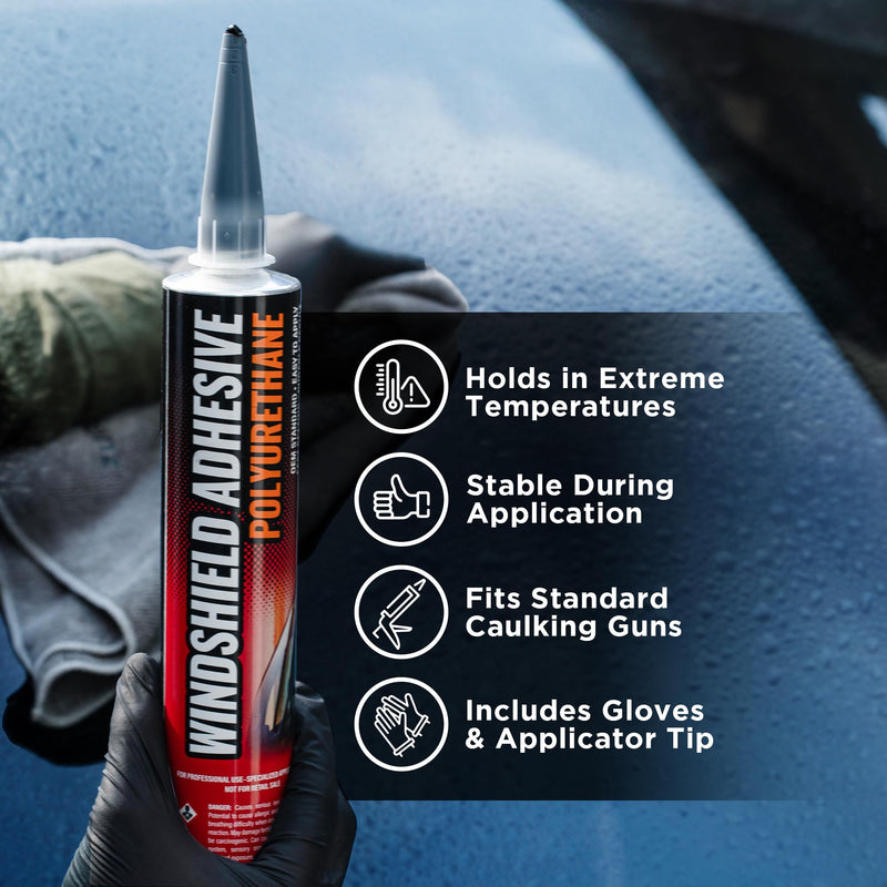 FORTIVO Polyurethane Windshield Adhesive - Quick Curing & Weather Resistant Auto Glass Adhesive, Vertical & Overhead Application, Windshield Repair Kit with Gloves, Applicator Tip & Cartridge - 310ml