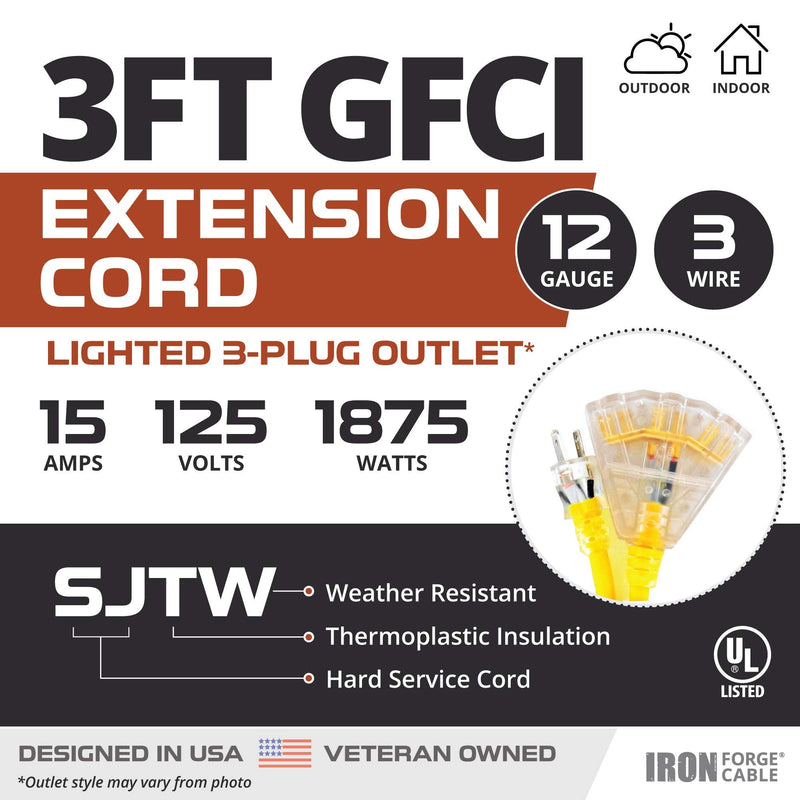 IRON FORGE CABLE 3 Foot Lighted Outdoor GFCI Extension Cord with 3 Electrical Power Outlets - 12/3 SJTW Heavy Duty Yellow Pigtail Extension Cable with 3 Prong Grounded Plug for Safety, 15 AMP