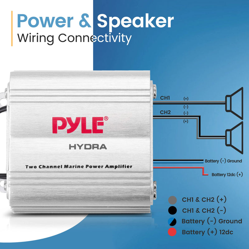 Pyle Hydra Marine Amplifier - Upgraded Elite Series 400 Watt 2 Channel Micro Amplifier - Waterproof, GAIN Level Controls, RCA Stereo Input, 3.5mm Jack & Volume Control (PLMRMP1A) White