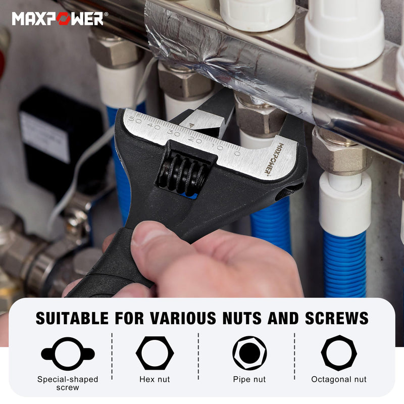 MAXPOWER Slim Adjustable Wrench Set, 6" & 10" Wide Jaw Opening, Dual Scale With Metric and SAE Plumbing Wrenches, Deep Jaw With Soft Grip Handle 6" 10"