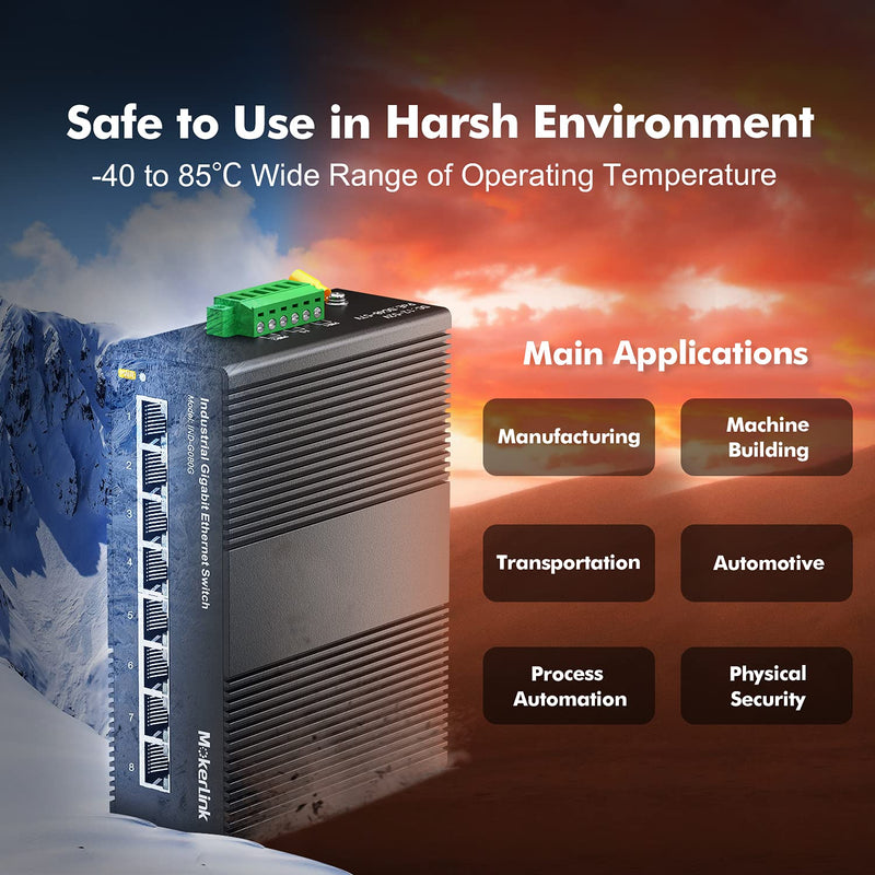 MokerLink 8 Port Gigabit Industrial DIN-Rail Ethernet Switch, 16Gbps Switching Capacity, IP40 Rated Network Switch (-40 to 185°F), with UL Power Supply 8 Gigabit