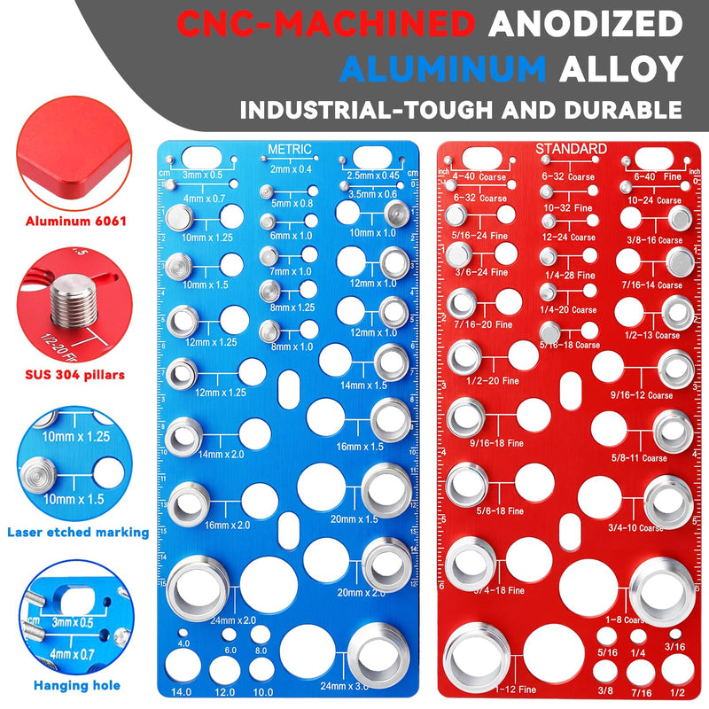 62 Nut and Bolt Thread Checker Standard and Metric Rustproof Nut and Bolt Thread Gauge with 25 Standard & 25 Metric Bolt & 12 Drill Bit Gauge, Bolt and Nut Size Finder for Quick Measurement 62 Thread Checker