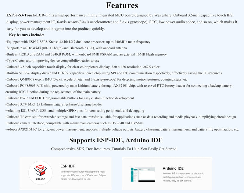 ESP32-S3 3.5inch Capacitive Touch Display Development Board, ESP32 with IPS LCD 320×480, 262K Color, Support W-Fi and BLE 5,Support AI Speech Interaction, Comes with Case and OV5640 Camera
