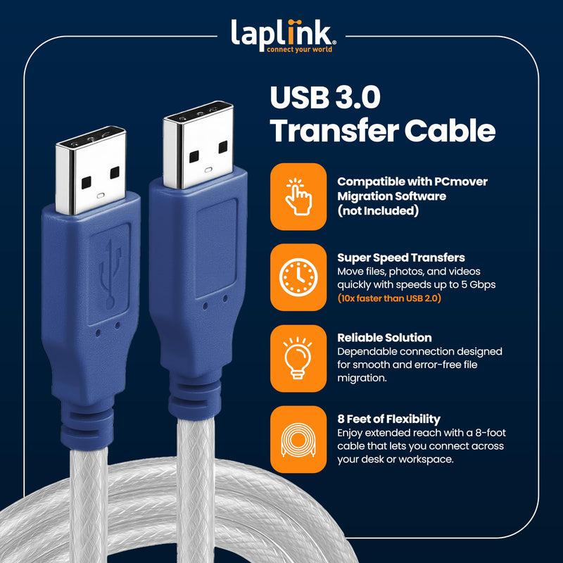 LAPLINK - USB 3.0 Super Speed Transfer Cable - USB Data Transfer Cable PC to PC - Compatible with PCmover Migration Software (not Included) - High-Speed Data Transfers up to 5 Gbps - 6 ft