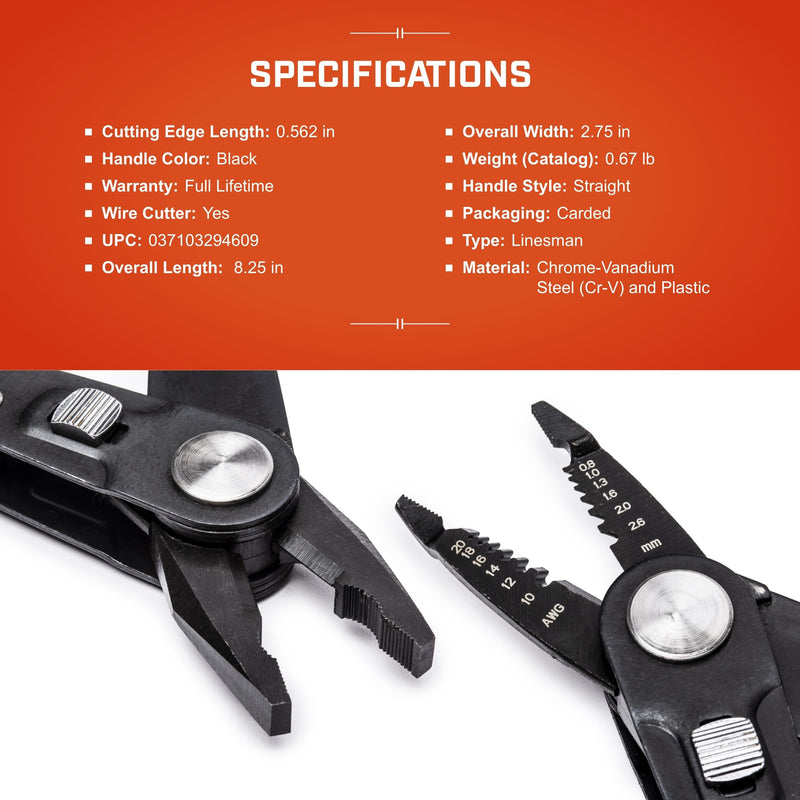 Crescent 2 in 1 Combo Dual Material Linesman's Pliers and Wire Stripper - CCP8V , Black