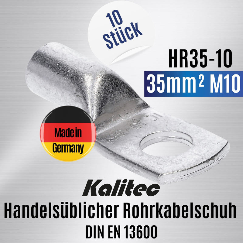 Pack of 10 Kalitec HR35-10 standard tubular cable lugs 35mm² M10 I without viewing hole I Made in Germany