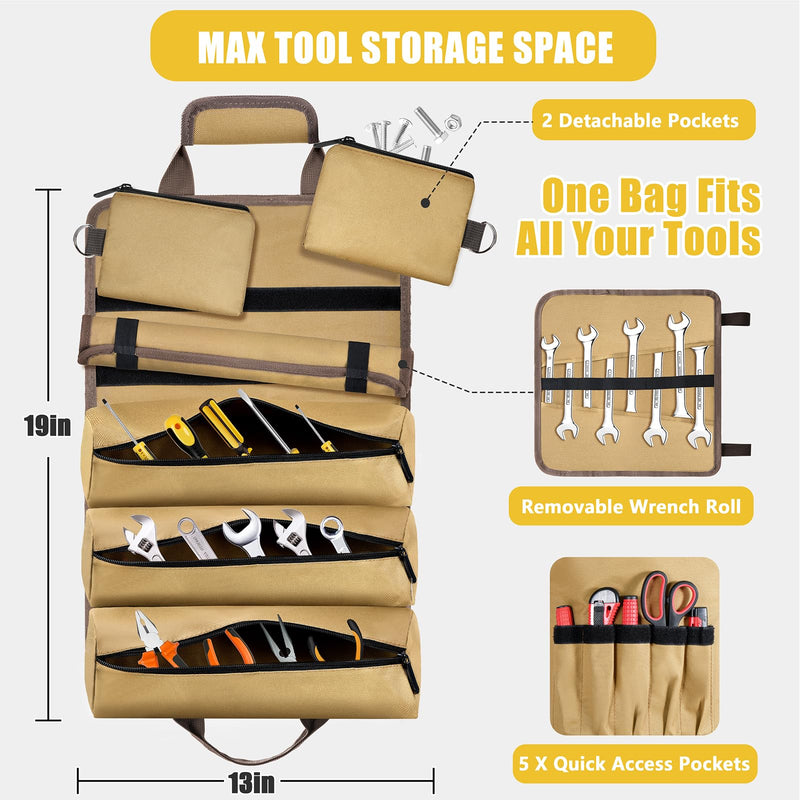 Roll Up Tool Bag-Gifts For Men Dad Husbands Him, Father's Day Birthday Gifts For Men, Heavy Duty Tool Organizer Bag With 2 Detachable Pouches &Wrench Roll Mechanic Carpenter (Khaki) Khaki