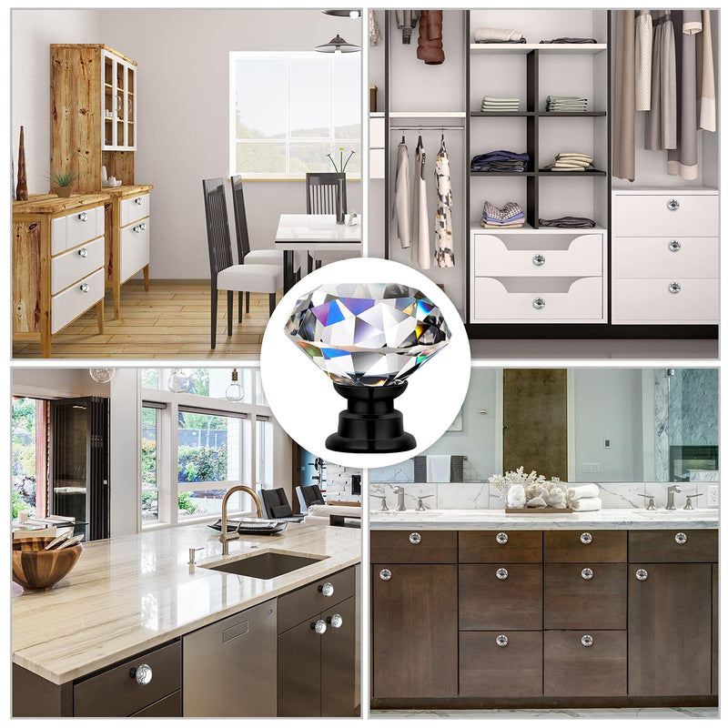 Hotop 30 Pieces Crystal Drawer Knobs Clear 30mm Diamond Crystal Dresser Knobs Glass Cabinet Pulls Handles with Screws for Kitchen Office Bathroom Cabinet (Black) Black