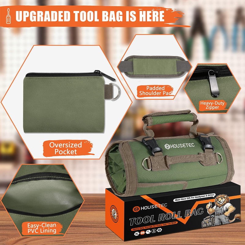Roll Up Tool Bag-Gifts For Men Dad Husbands Him, Father's Day Birthday Gifts For Men, Heavy Duty Tool Organizer Bag With 2 Detachable Pouches Mechanic Carpenter (Green) Green