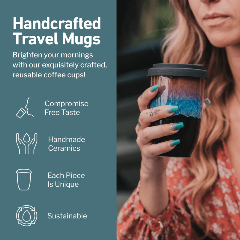 NOVA CERAMICS 12oz Travel Coffee Mug - Unique Microwave & Dishwasher Safe Tumbler With Lid - Gifts For Women & Men Monsoon 12 Ounces