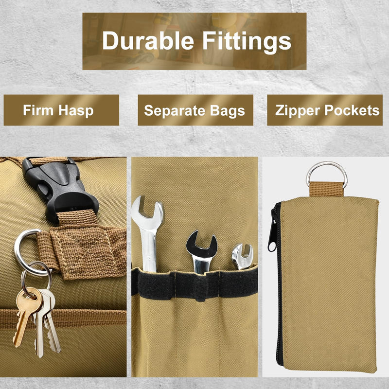 Roll Up Tool Bag, Heavy Duty Tool Roll Bag, Tool Roll Organizer with 2 Detachable Pouches, 900D Waterproof Oxford Cloth, Gifts for Dad, Men/Women, Mechanic, Electricians, Repairman, Khaki
