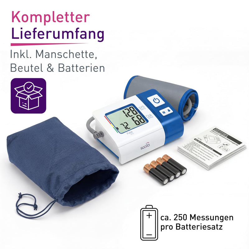 scala SC 7620 blue upper arm blood pressure monitor with compact design for home and on the go. Easy to reliably measure blood pressure independently. (L x B x H) 103 x 153 x 55 mm