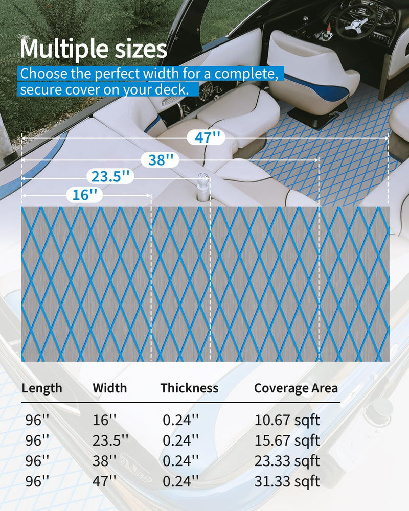 OCEANBROAD Diamond Boat Flooring with Self-Adhesive 96''x16''/38''/47'' | Double-layer, Non-Slip, 6 mm Eva Foam Marine Decking, Easy to Install, For Motor Pontoon Boats, RV Floor, Kayak, Surfboard Gray with Blue Lines 96''L x 16''W-10.67sqft