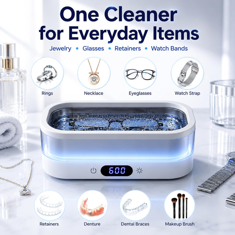 Ultrasonic Jewelry Cleaner Machine, 48kHz Cleaner for Jewelry, Glasses, Rings, Watch Bands, Dentures and Retainers, 350ML SUS304 Tank, Digital Countdown, Auto Shut-Off, 7-Color LED Light White