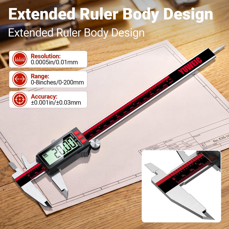 Rechargeable Digital Caliper 200 mm/8 Inch Caliper with LCD Screen, Inch/mm, Stainless Steel Vernier Measuring Tool for DIY, Household, Jewelery Tools, 3D Printer