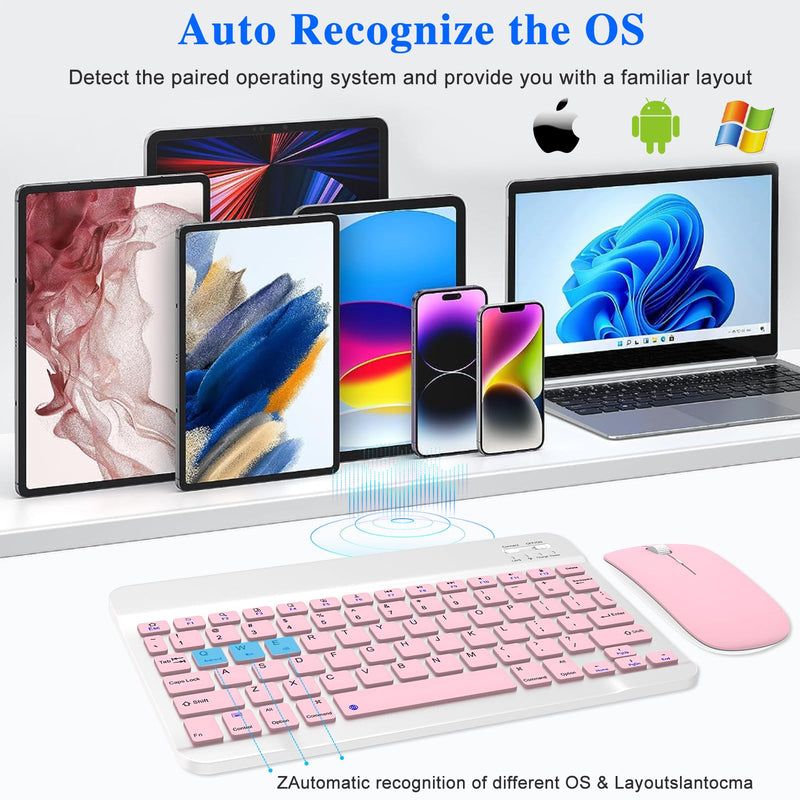 Bluetooth Keyboard & Mouse Combo, QWERTY Layout, 10 inch Ultra-Slim Wireless Rechargeable Keyboard, Lag-Free, Silent Keyboard Compatible with iPhone iPad Computer Tablet Keyboard (Pink) Pink