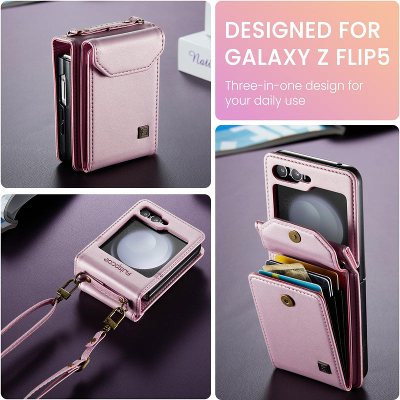 ASAPDOS Samsung Galaxy Z Flip 5 Crossbody Case,Retro PU Leather Strap Wristlet Flip Case with Magnetic Closure and Card Holder for Men Women Rose Gold