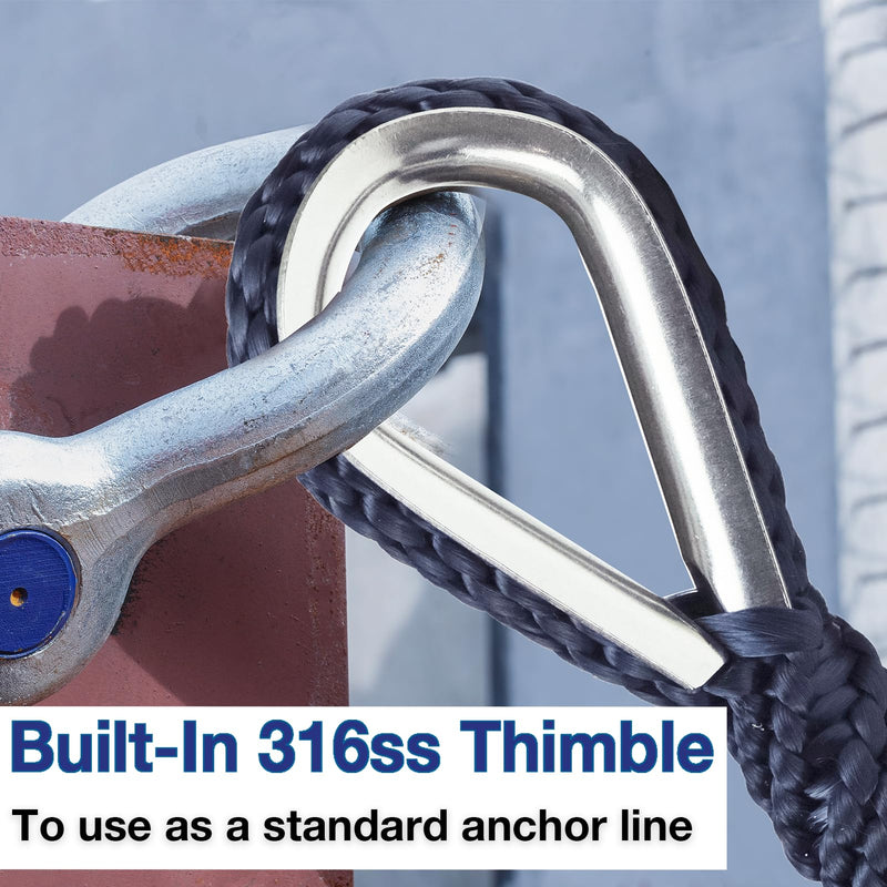 Double Braided Nylon Boat Anchor Rope 3/8inch with 316 Stainless Steel Thimble and Heavy Duty Snap Hook Marine Grade Anchor line Black (Navy Blue, 50Feet) Navy Blue