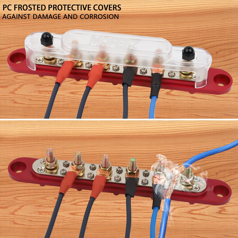 MOFEEZ Power Distribution Block Bus Bar, 6 x 5/16" Posts, 10 x #8 Screws Terminals, Max 48V 250A (Pair, Red & Black) 6*5/16"