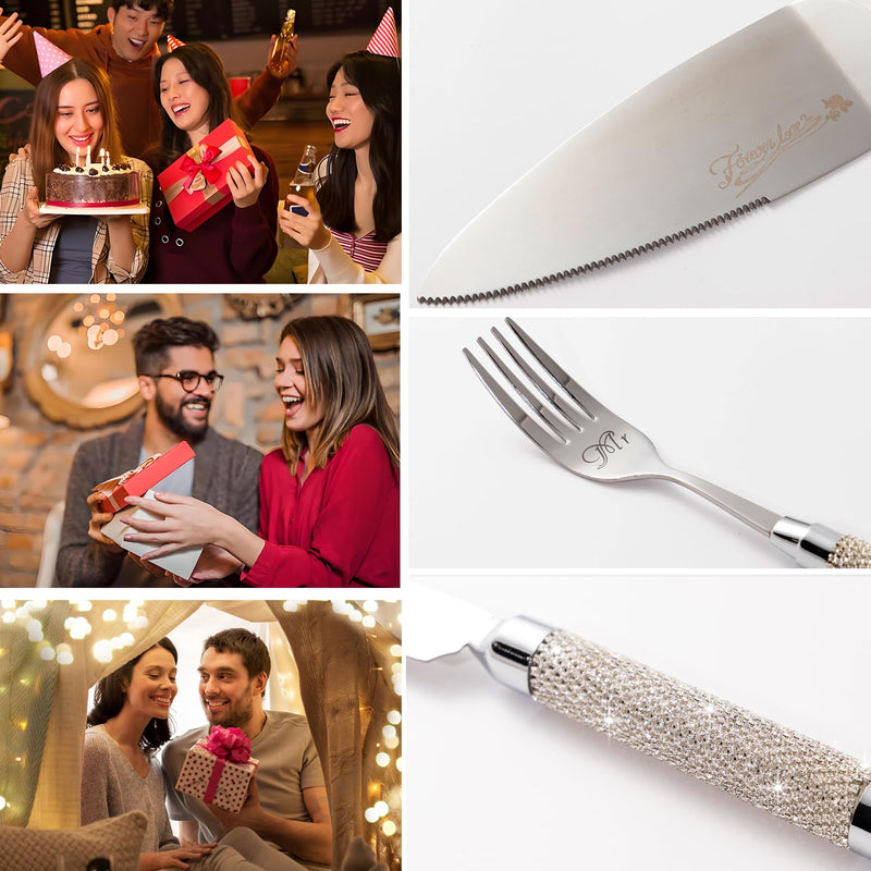 Silver Wedding Cake Knife and Server Set, Cake Cutter and Pie Server Set with Fork for Mr Mrs,Cake Cutting Set for Wedding Anniversary Engagement Birthday Silver
