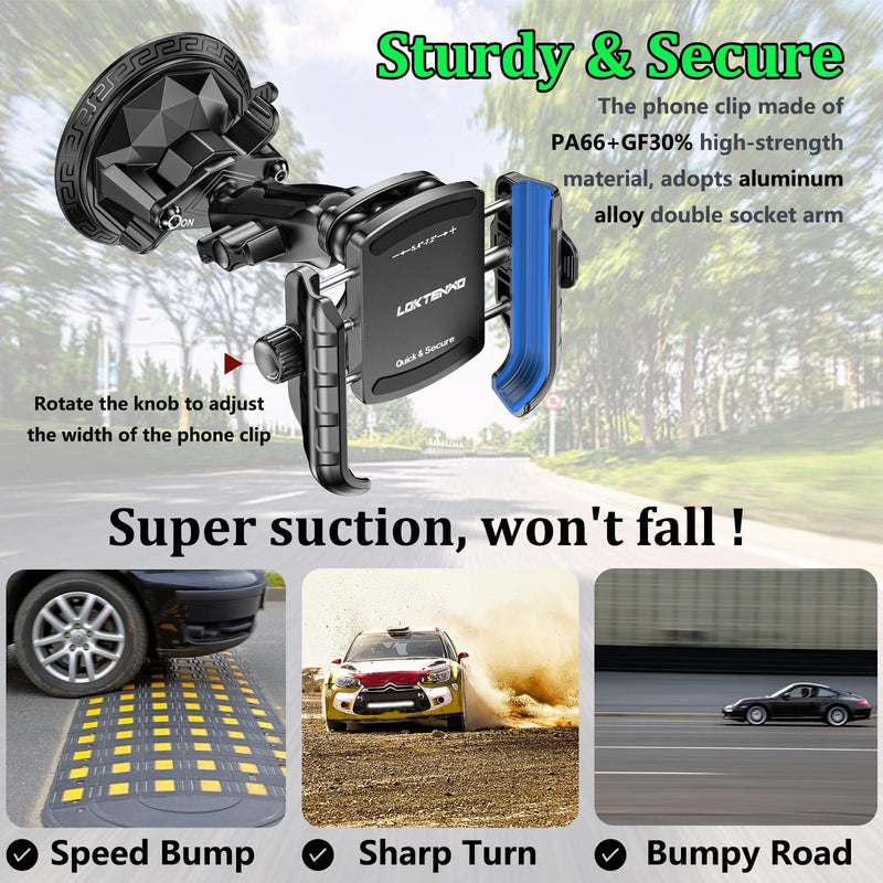 Car Phone Holder Mount with Vibration Dampener & Twist-Lock Suction Cup Base, [Camera Friendly] [1s Lock & Release] with Metal Medium Arm for Vehicle Windshields, Fit 5.4''-7.2'' Smartphones