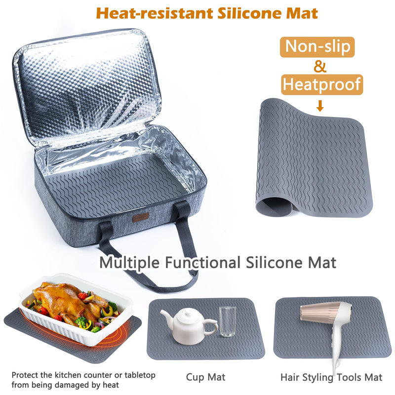 BAGSPRITE Insulated Casserole Carrier for Hot or Cold Food with Heat-resistant Mat, Casserole Dish Carrier Insulated Food Carrier, Hot Food Carrier, Foil Pan Carrier Fits 9" x 13" Baking Dish Grey Style A