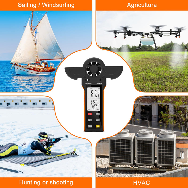 Anemometer Anemometer, WapoRich Digital Anemometer Handheld Wind Speed Meter Gauge Measures Humidity/Temperature/Wind Speed with MAX/MIN/AVG for HVAC, Sailing, Surfing, Drone RQ-5000K