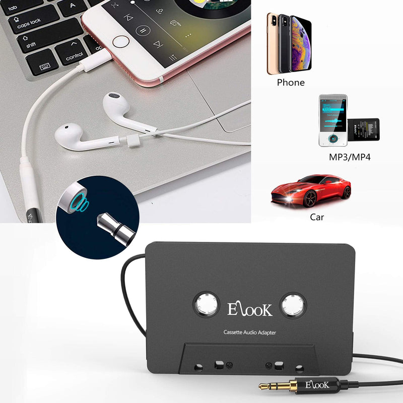 Elook Car Cassette Aux Adapter Kit, with A Smartphone to 3.5 mm Headphone Jack Adapter for Phone, MP3 ect. Black