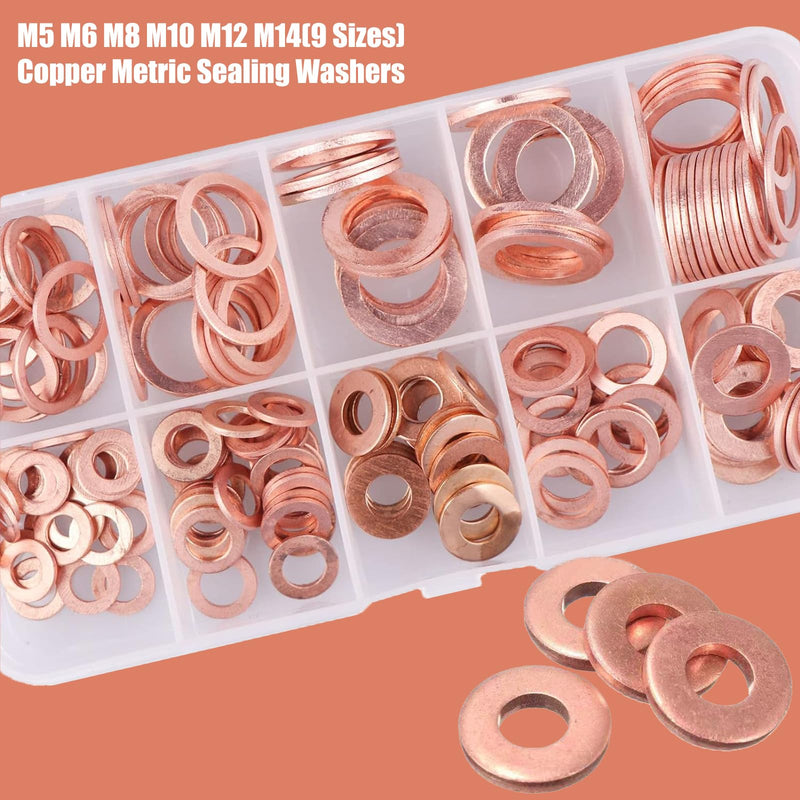 jeseny 200 PCS Flat Washers Assortment Set, Copper Metric Sealing Gaskets, Muti-Sized Sump Plugs, Oil Sealing Replacements M5 M6 M8 M10 M12 M14, Universal for Most Cars, Trucks and Vans (Gold)