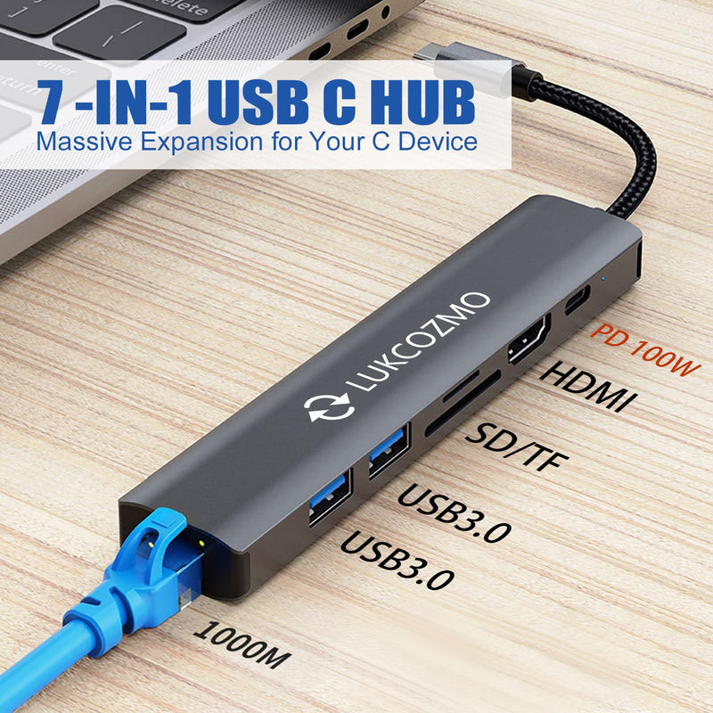 USB Hub 3.0, 7 in 1 USB Hub with 1000M Ethernet, 4K HDMI, 2 USB3.0, 100W PD, SD/TF Card Reader Docking Station Compatible with Your Cell Phone MacBook/Dell/HP/Surface/Lenovo/Steam Deck Dark gray