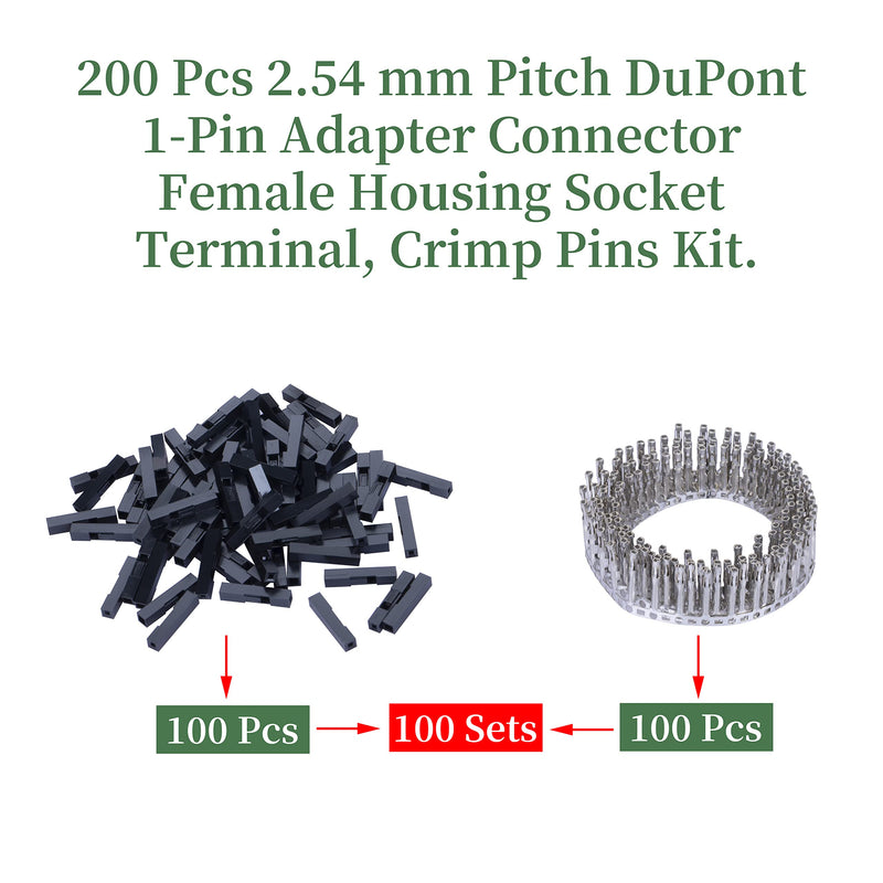 Pzsmocn 100 sets Dupont 2.54 mm pitch 1-pin plug adapter cable connector accessories. 200 pieces 2.54 mm pitch Dupont 1-pin plug housing female socket terminal, crimping pins kit. 1-Pin Female Single Row