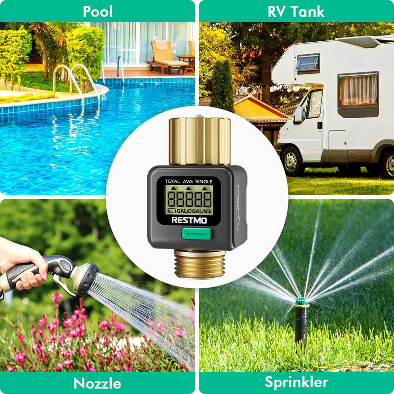 [2 Pack] RESTMO Water Flow Meter, Pure Brass Inlet & Outlet | 4 Measure Modes | Display Gallon/Liter Usage and Flow Rate | Ideal to Outdoor Garden Hose, Lawn Sprinkler Watering, RV Water Tank Filling Gray 2 Pack