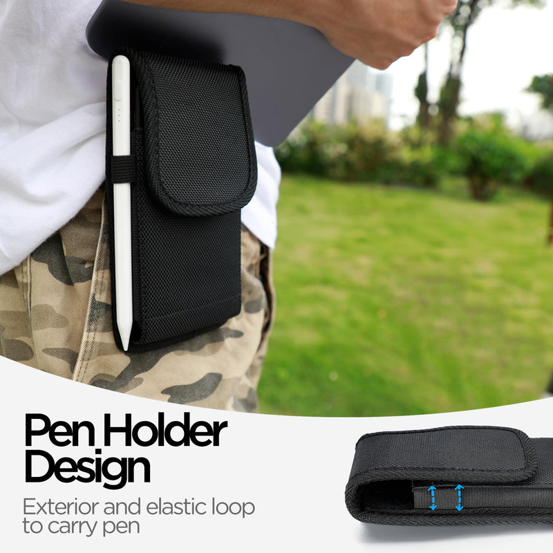 Nylon Cell Phone Holster with Belt Clip for iPhone 15 Pro Max, 15 Plus,14 Pro Max, 14 Plus, 13 Pro Max, 12 Pro Max, 11 Pro Max, S24 Plus, ID Card Holder Pen Holder Universal Pouch, Black -L Large
