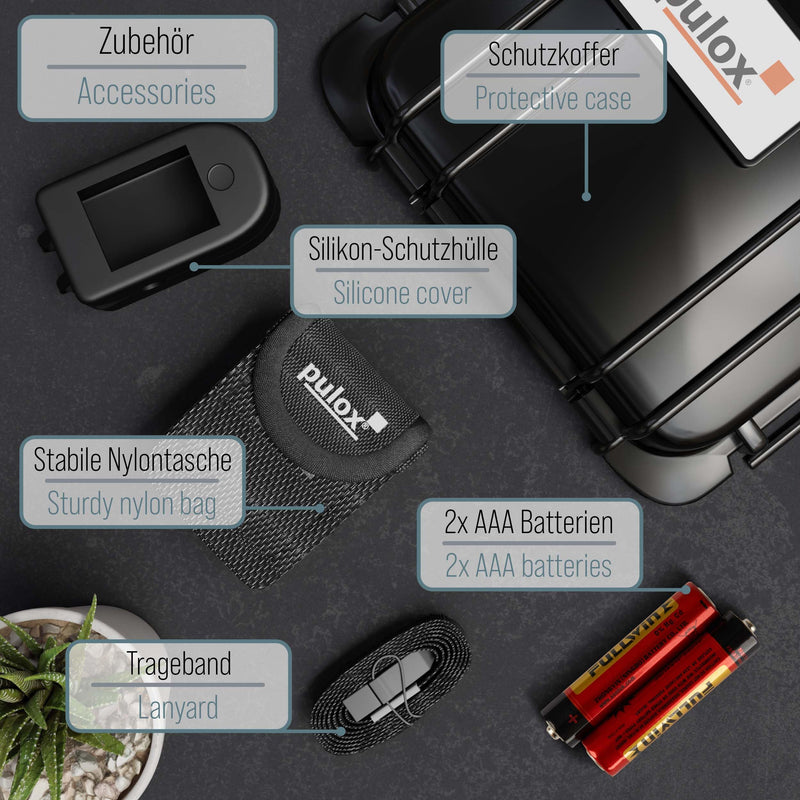 Pulse oximeter PULOX PO-200A with switchable alarm function and pulse tone incl. Accessories *Colour selection possible, black | With pulse sound, warning function and accessory kit to control oxygen saturation, heart rate and perfusion index