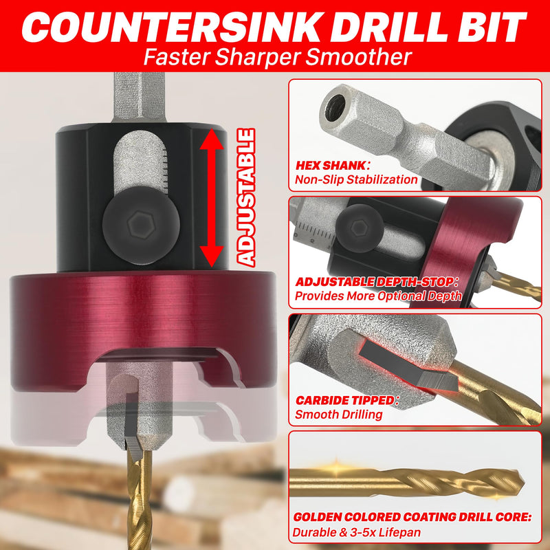 KEENTECH Carbide Tipped 82° Countersink Drill Bit with Depth Stop, 3/8" Dia x 5/32" Drill Diameter x 1/4" Shank, Adjustable Depth Stop with Ball Bearing 3/8" * 5/32"