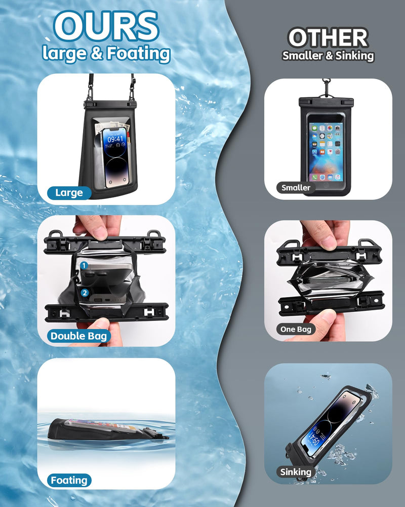 2L Large Waterproof Phone Pouch - [Oversized] [Floating] Waterproof Pouch for iPhone Galaxy Google and More, IPX8 Waterproof Dry Bag for Beach Vacation Belongings, Black