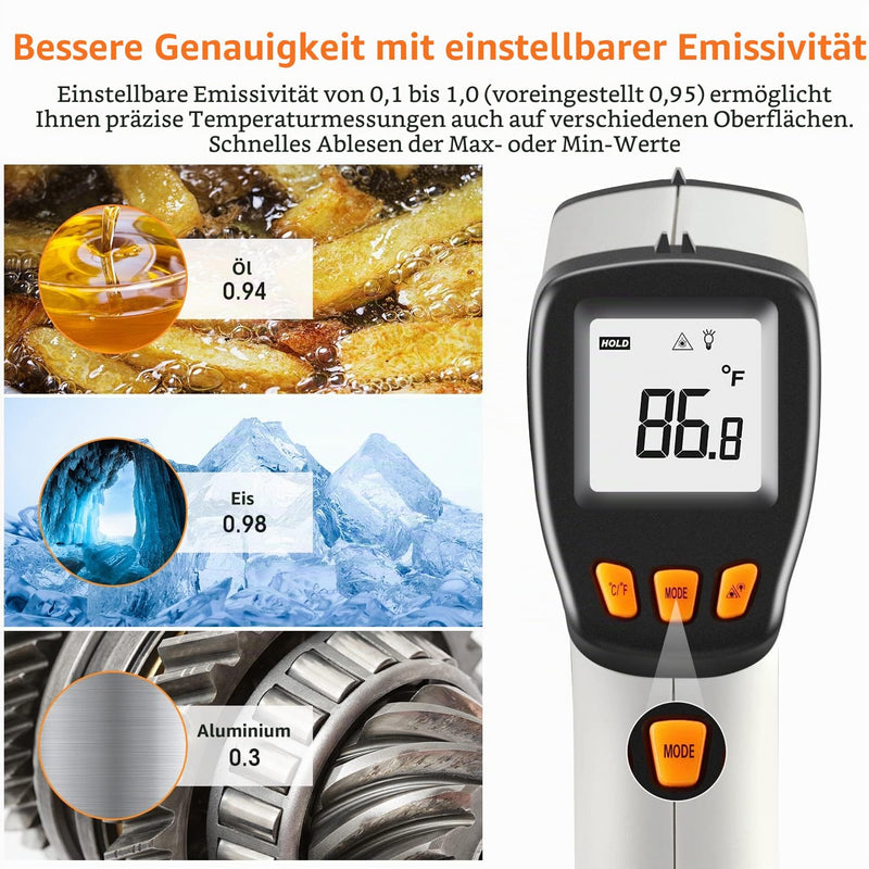 Infrared Thermometer (-50°C to 550°C), XinJiaYi Laser Temperature Gun for Pizza Oven, Non-Contact Laser Thermometer Gun for Cooking/BBQ/Grill/HVAC, Surface Thermometer, Grey