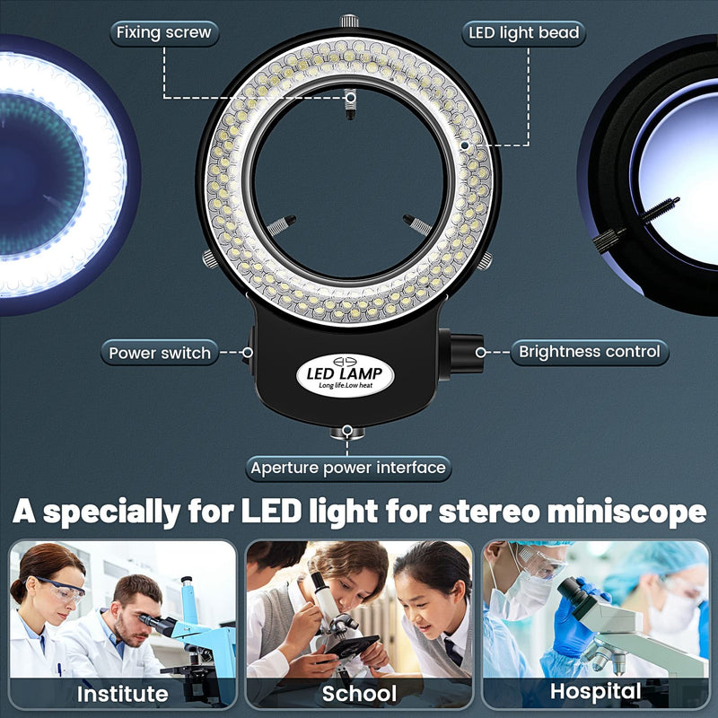LED Microscope Ring Light, Optical Stereo Microscope Ring Light, 0-100% Brightness Adjustable, 6000 K Super Microscope Camera Lamp with 144 LED Beads, Jewelery Repair Lamp (EU Plug, Black)