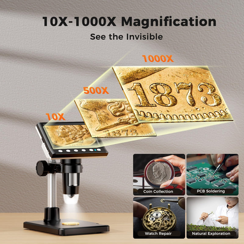 4.3 Inch LCD Digital Coin Microscope, 1000X USB Magnifier with 8 Adjustable LED Lights for Coin Inspection, Electronics Repair, Soldering, Windows/Mac Compatible, 1080P