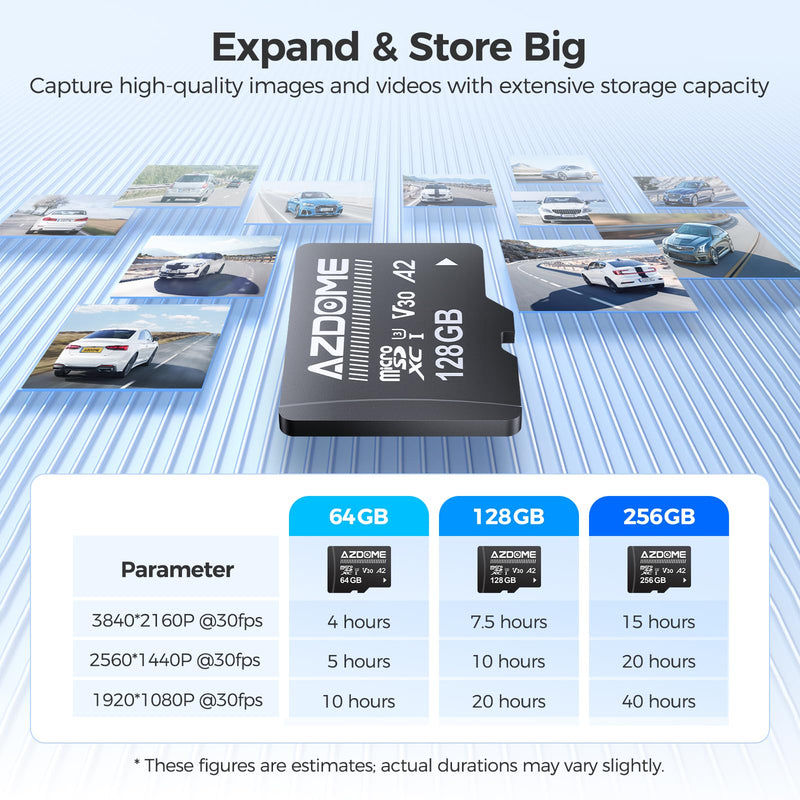 AZDOME 128GB Micro SD Card microSDXC Memory Card for AZDOME M550 GS63H Pro PG17-4K M550 Pro M200 M330 M300S M01 Pro Dash Cam Full HD & 4K UHD, U3, A2, V30