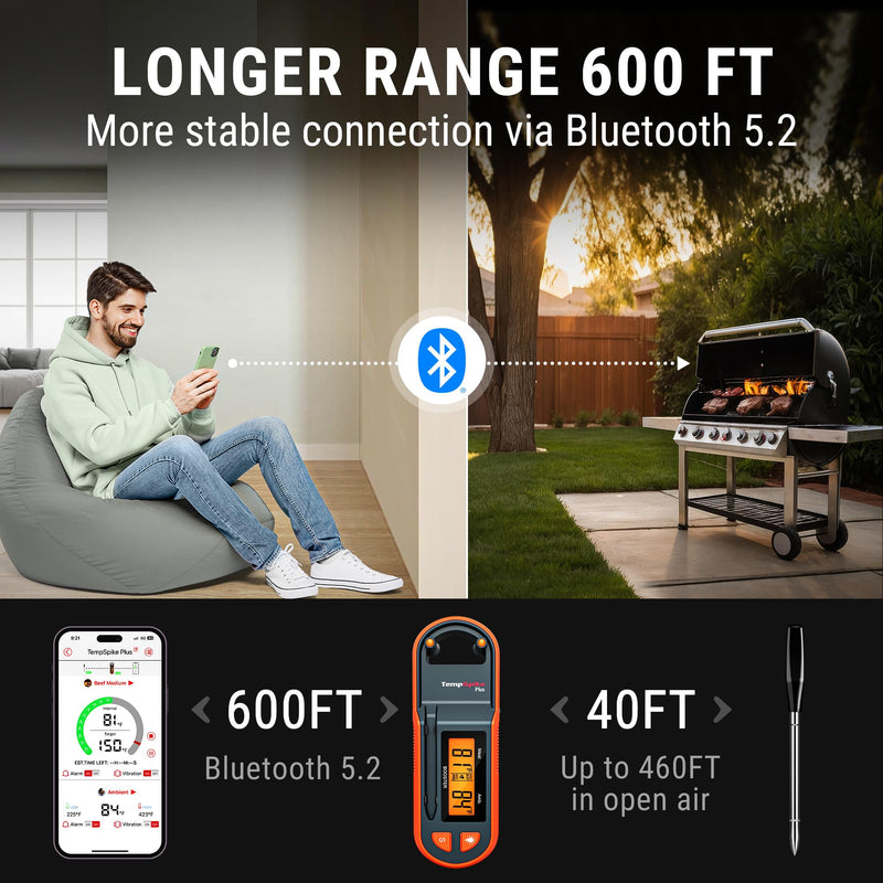 TempSpike 600 ft Wireless Meat Thermometer with Ultra-Thinner Probe, Bluetooth Meat Thermometer with Standalone LCD Booster for BBQ Grill Smoker Rotisserie Sous Vide 1 probe