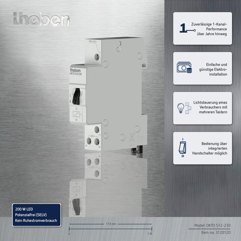 Theben 3120120 OKTO S12-230 Impulse Switch Electromechanical 1-Channel | 230 V, REG, DIN rail/DIN rail, 1 contact NO CONNECT, 200 W LED, SELV, manual switch, no quiescent current pack of 1