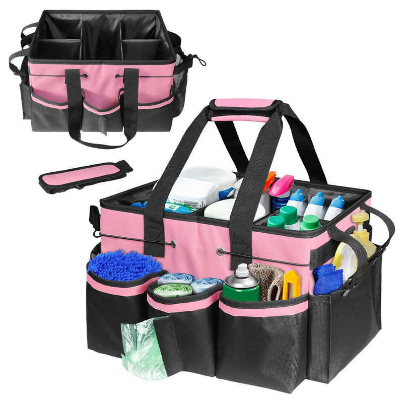 Cleaning Caddy Tote with Removable Dividers - 17.8x12.2x9.3in Waterproof Tool Organizer Bag with Handles & Adjustable Shoulder Strap for Housekeepers, Cleaners & Car Detailing Supplies (Pink) pink