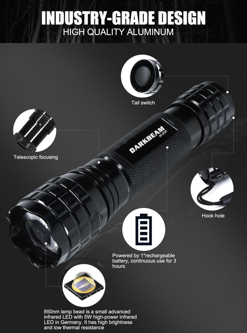 DARKBEAM ir Flashlight Infrared 850nm Lights LED Mini for Night Vision, Rechargeable Portable Tactical ir Illuminator Torch, Focus Adjustable for Hunting, Observation, Search 501F Infrared 850nm Light